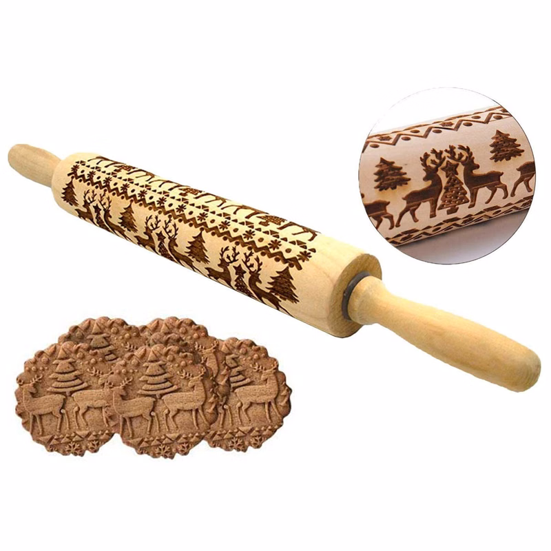 Christmas Wooden Rolling Pins for Baking Embossed Cookies
