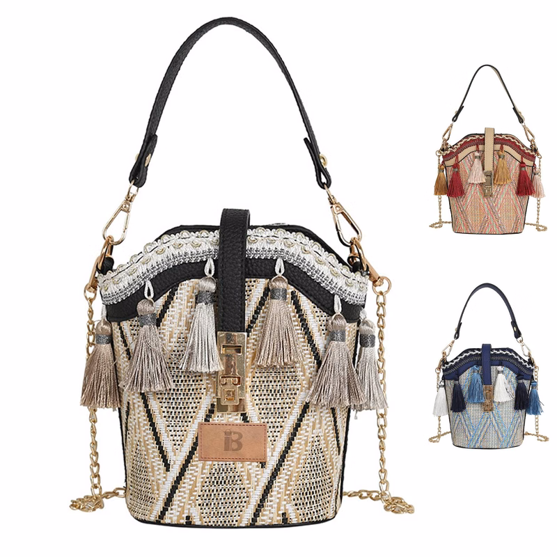 Jute Straw Cylindrical Shell Bucket Tote Crossbody Bag