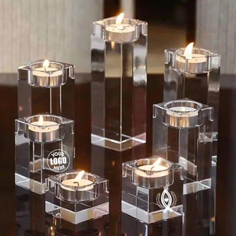 Engraved Square Crystal Tealight Candle Holders