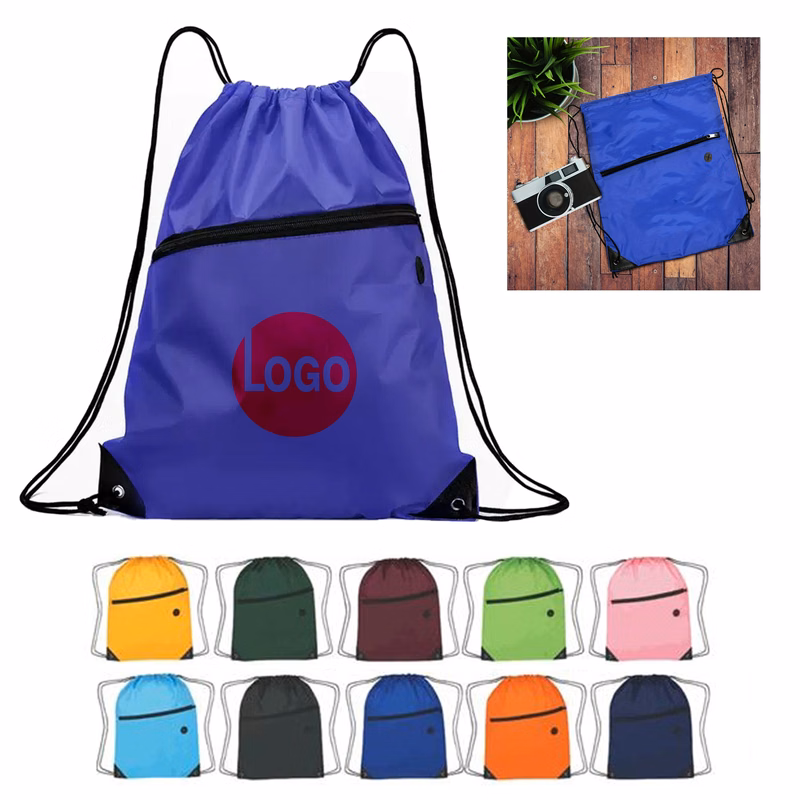 210D Polyester Drawstring Backpack with Zipper and Earbud Slot