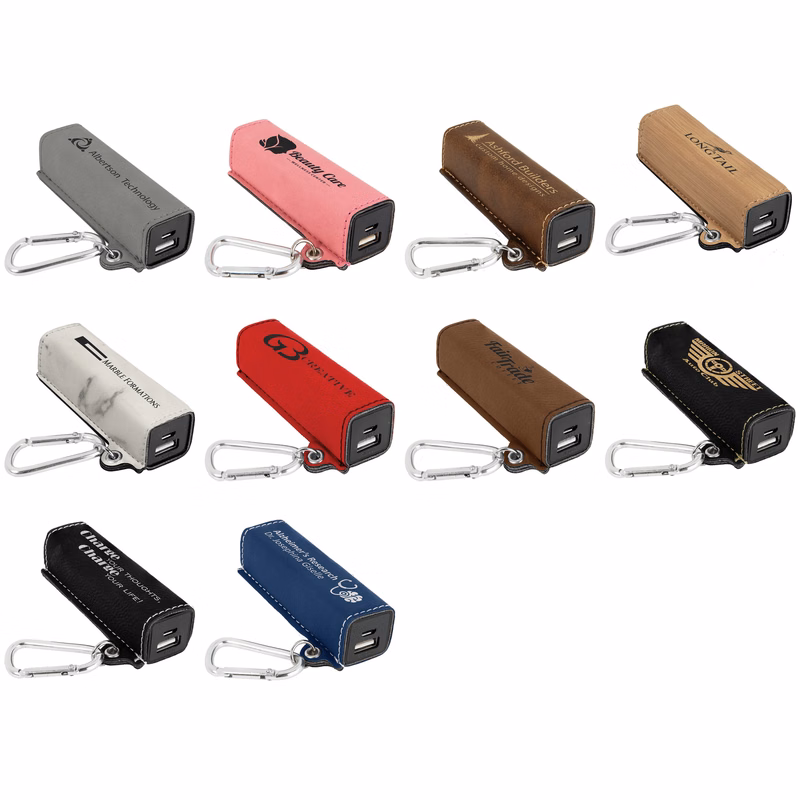 Laserable Leatherette 2200 mAh Power Bank with USB Cord, 3.25" x 0.75"