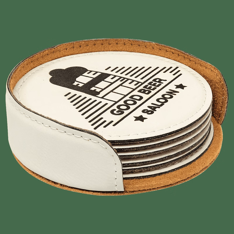 4" White Round Leatherette 6-Coaster Set