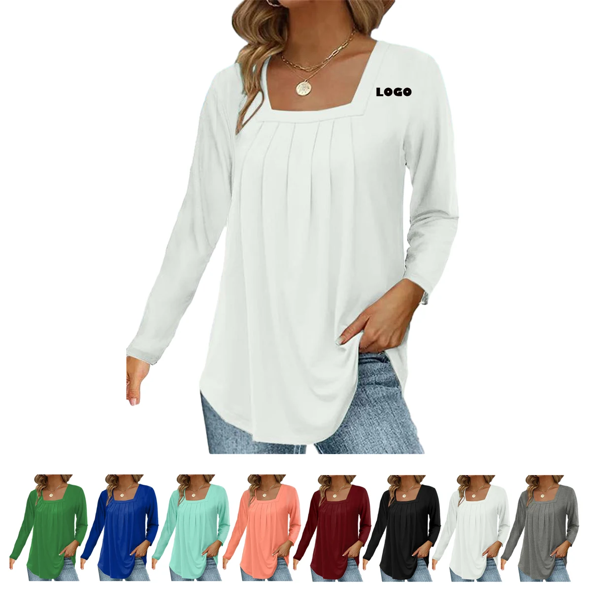 Women Square Neck Long Sleeve Casual Pleated Puff T Shirts 1