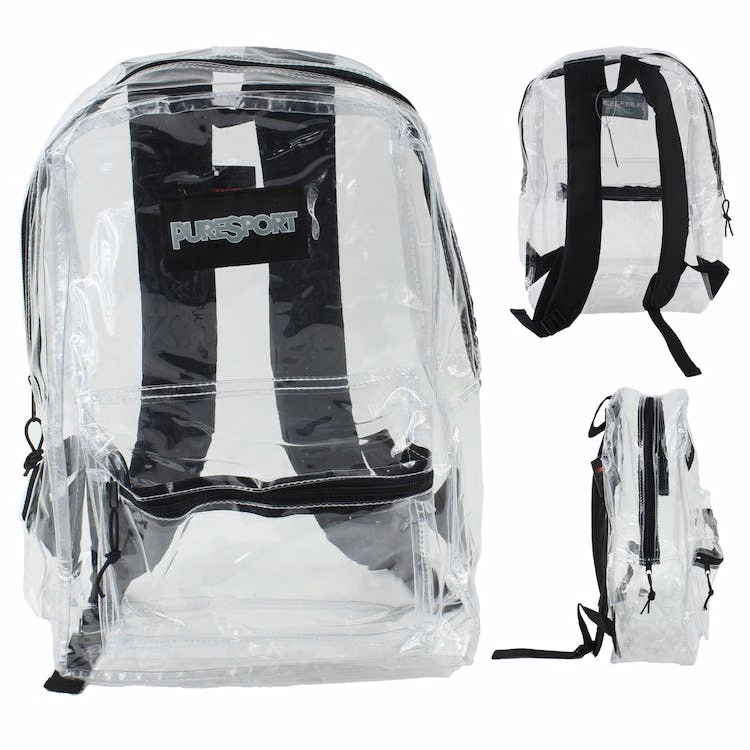 17" Clear Backpacks - Front Zipper Pocket Black Trim