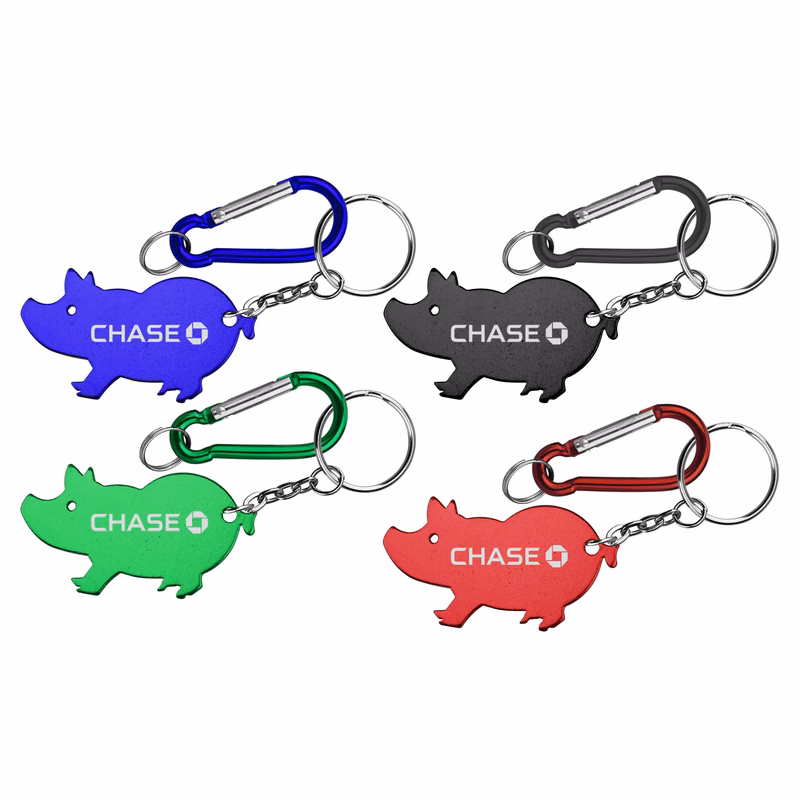 Jumbo size pig shape aluminum bottle opener with split key ring and carabiner