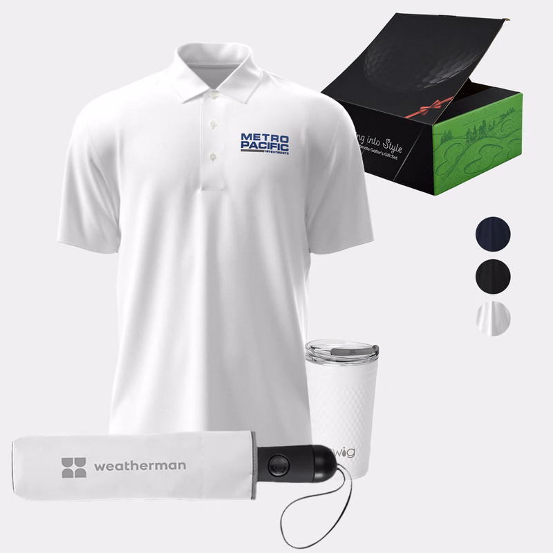20 oz SWIG® Golf Flip & Sip SS Water Bottle, PGA TOUR® Men's Golf Polo & Weatherman® Umbrella Gift Set
