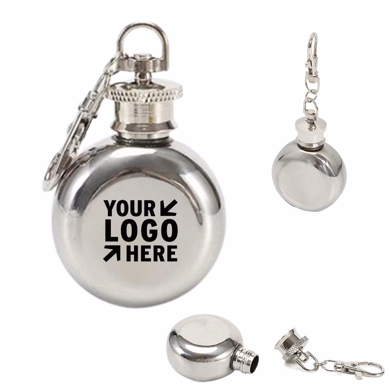 1oz Round Stainless Steel Hip Flask Keychain