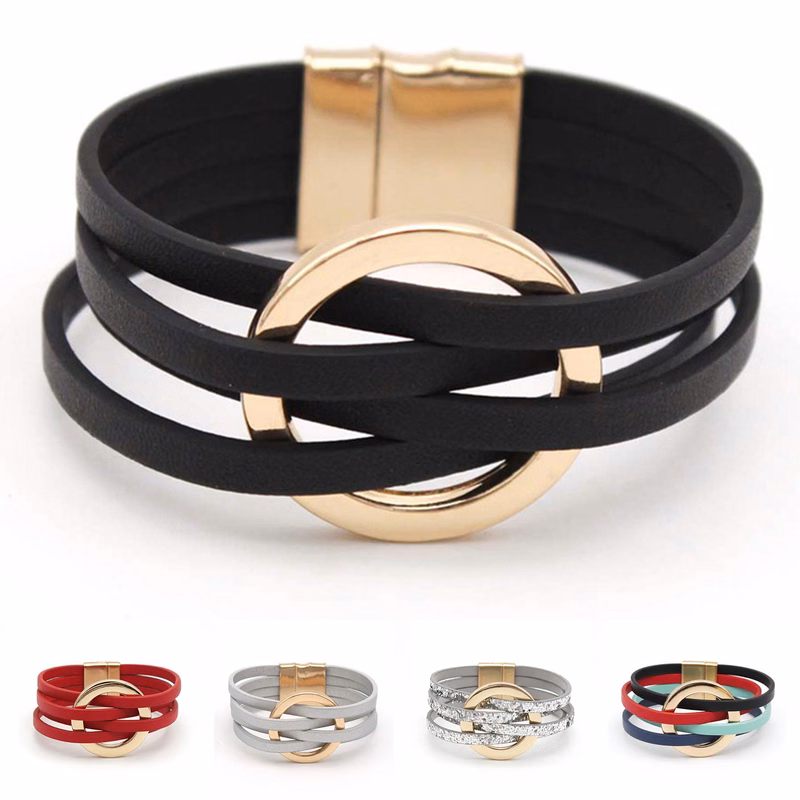 PU Multi-layered wristband, large ring cuff bracelet