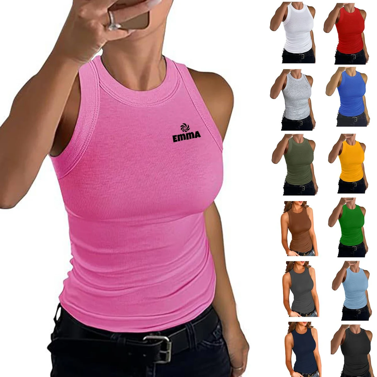Womens Racerback High Neck Ribbed Sleeveless Casual Tank Top 1