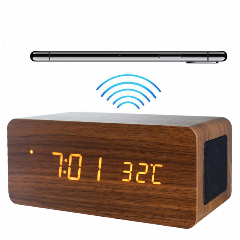 10 W Wood Wireless Charger with Speaker & Alarm Clock