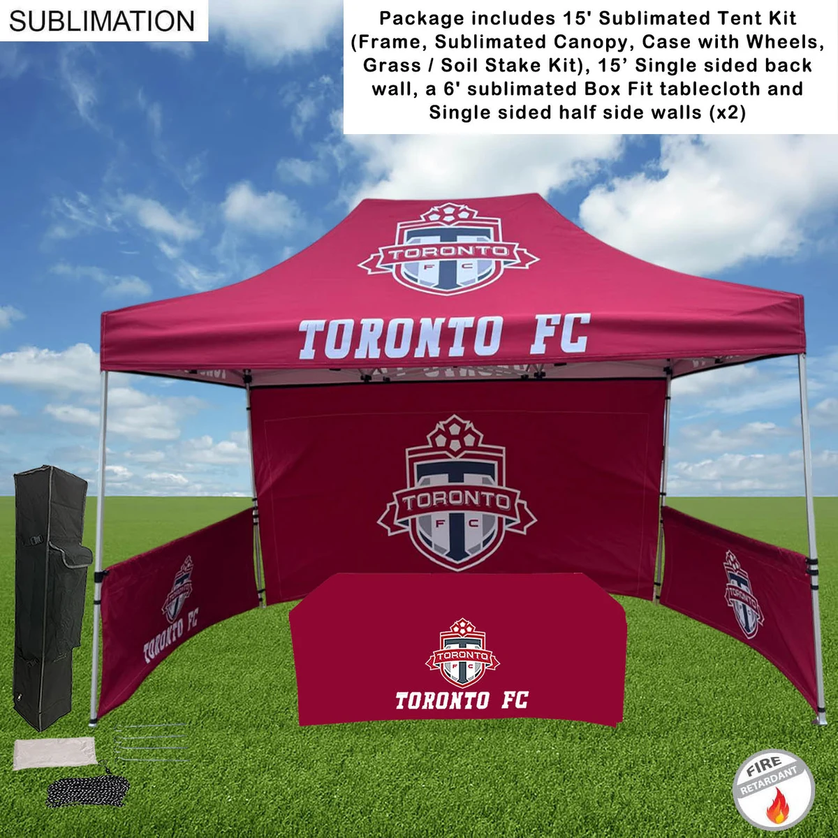 Supreme Event Package, 15' Sublimated Tent, 15' Backwall, 2 Half sidewalls, and 6' BoxFit Tablecloth 1
