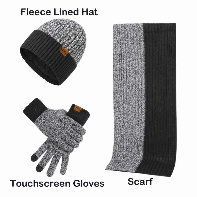 3 in 1 Set  Jacquard Touch Screen Gloves Knitted Beanie Hat