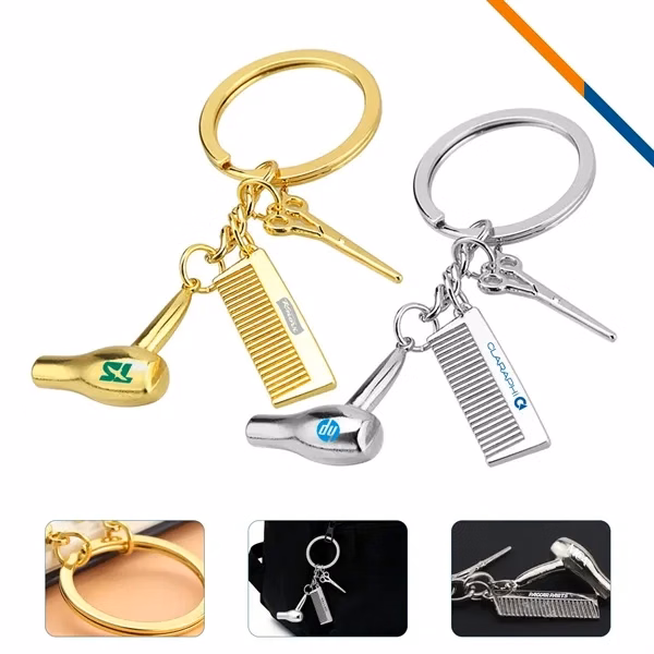 Custom Metal Hairdresser Trio Keychain with Scissors, Comb & Dryer — Salon Promo