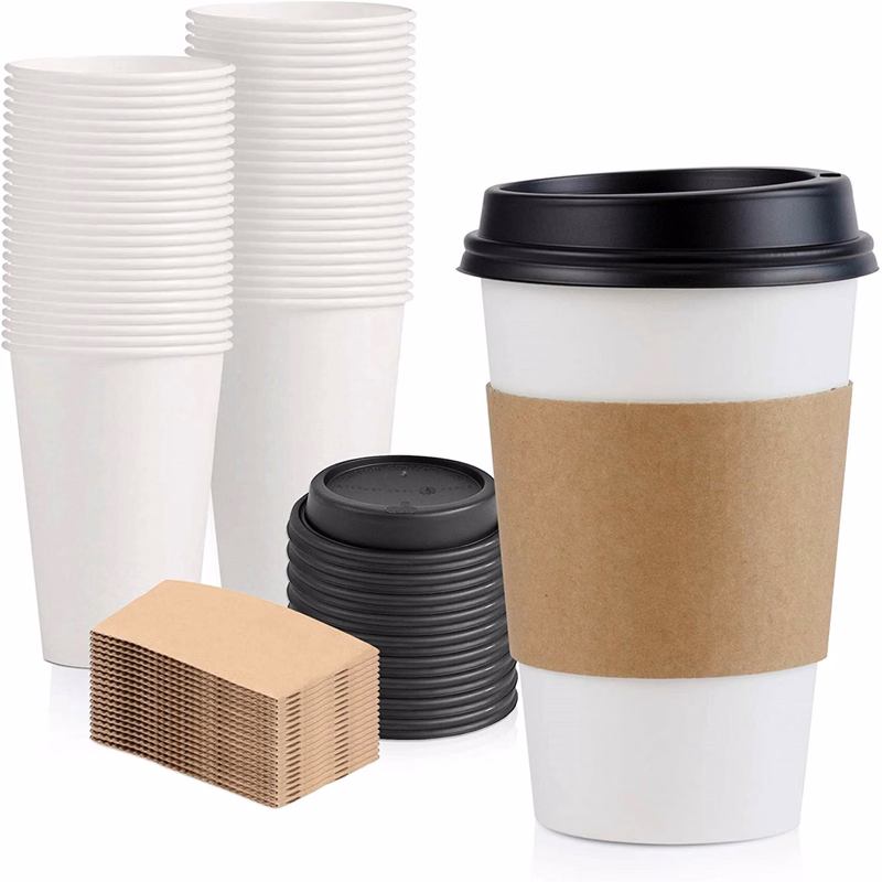 16 oz Disposable White Paper Coffee Cup with Black Dome Lid