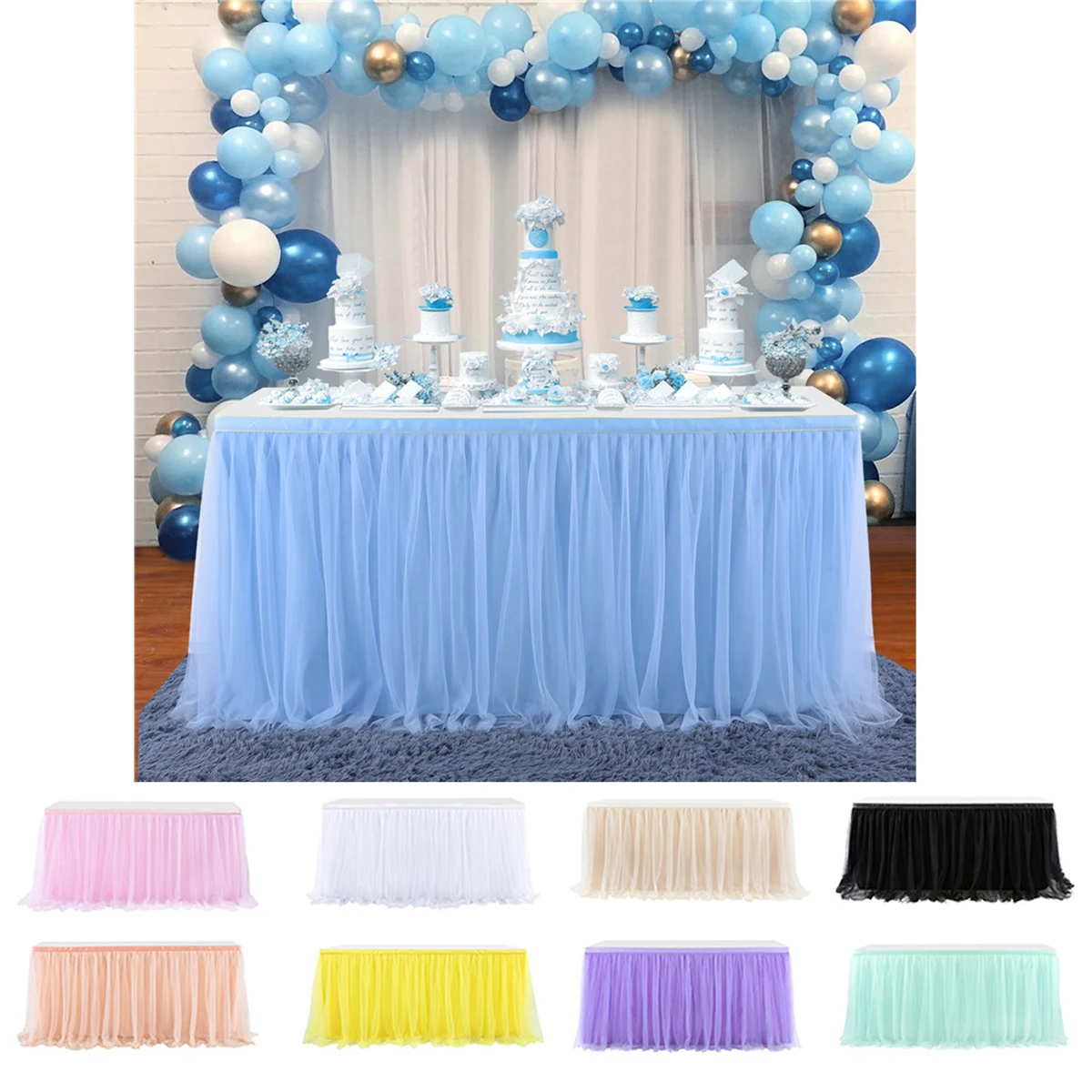 167 x 30 inches 2 Layers Baby Blue Tulle Table Skirt 1