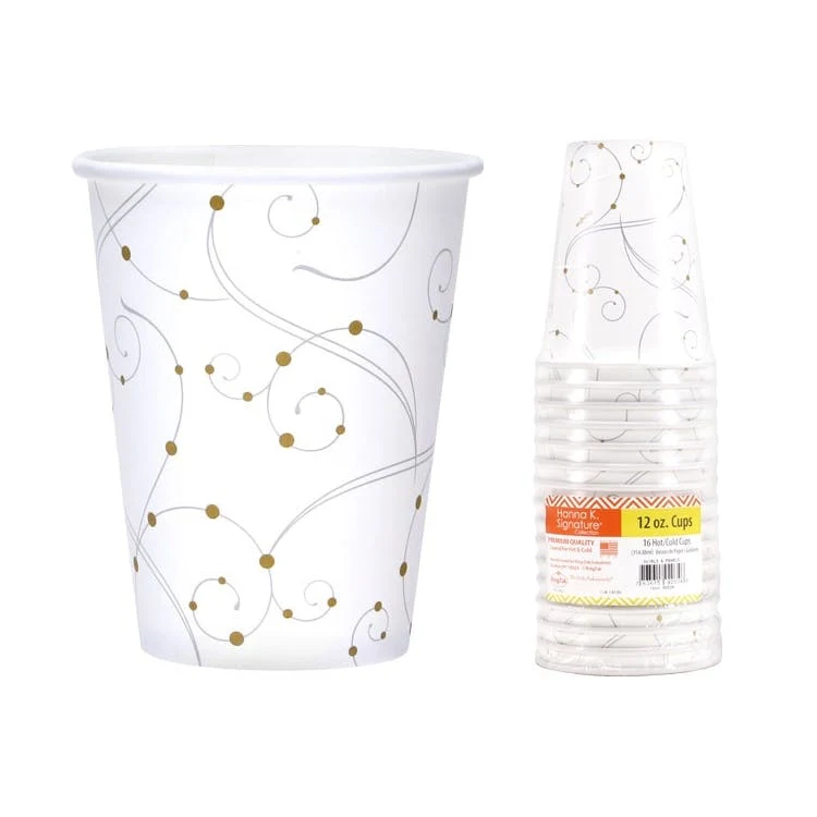 Paper Cups - White & Gold Design Hot & Cold 12 oz. 16 Pack 1