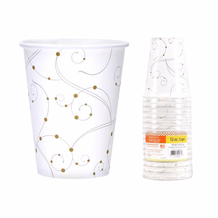 Paper Cups - White & Gold Design Hot & Cold 12 oz. 16 Pack