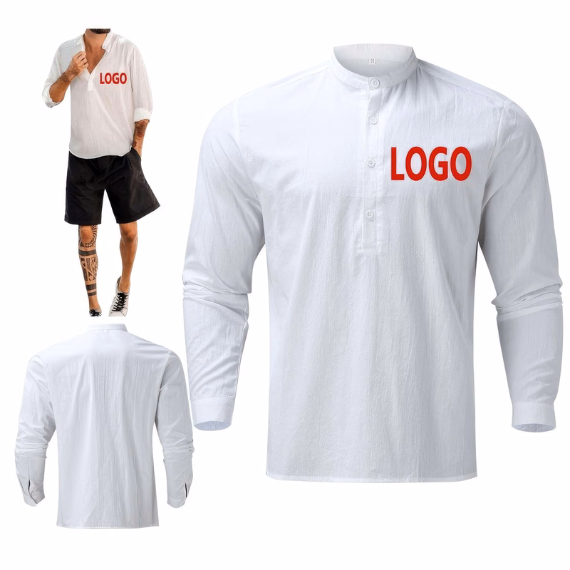 Cotton Linen Pullover Henley Collar Long Sleeve Men's Shirt