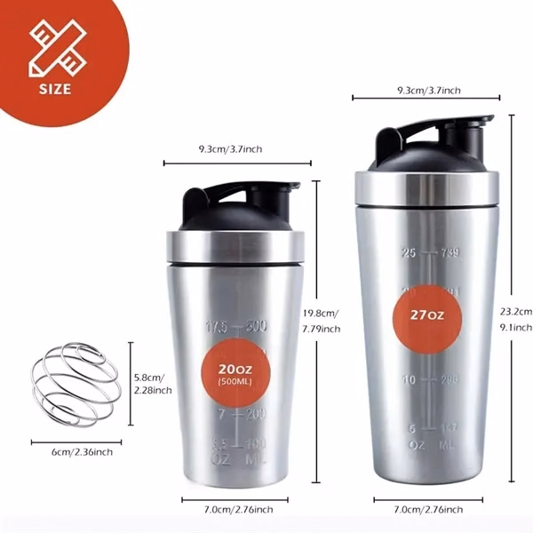 Gym Protein Shaker Bottle with Wire Whisk Ball for Commutes, Fitness and Travel