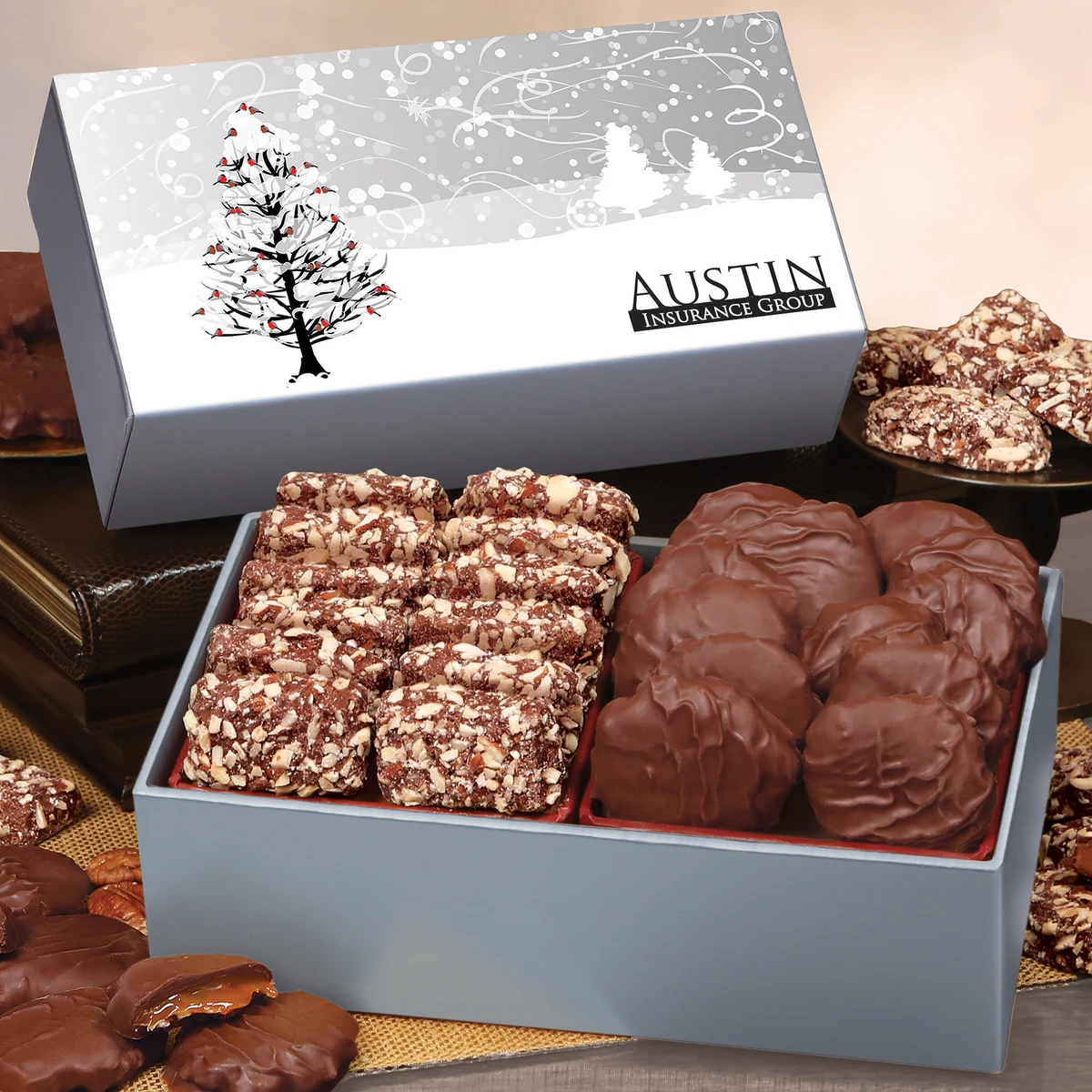 Toffee & Pecan Clusters in Gift Box with Cardinals in Tree Sleeve 1