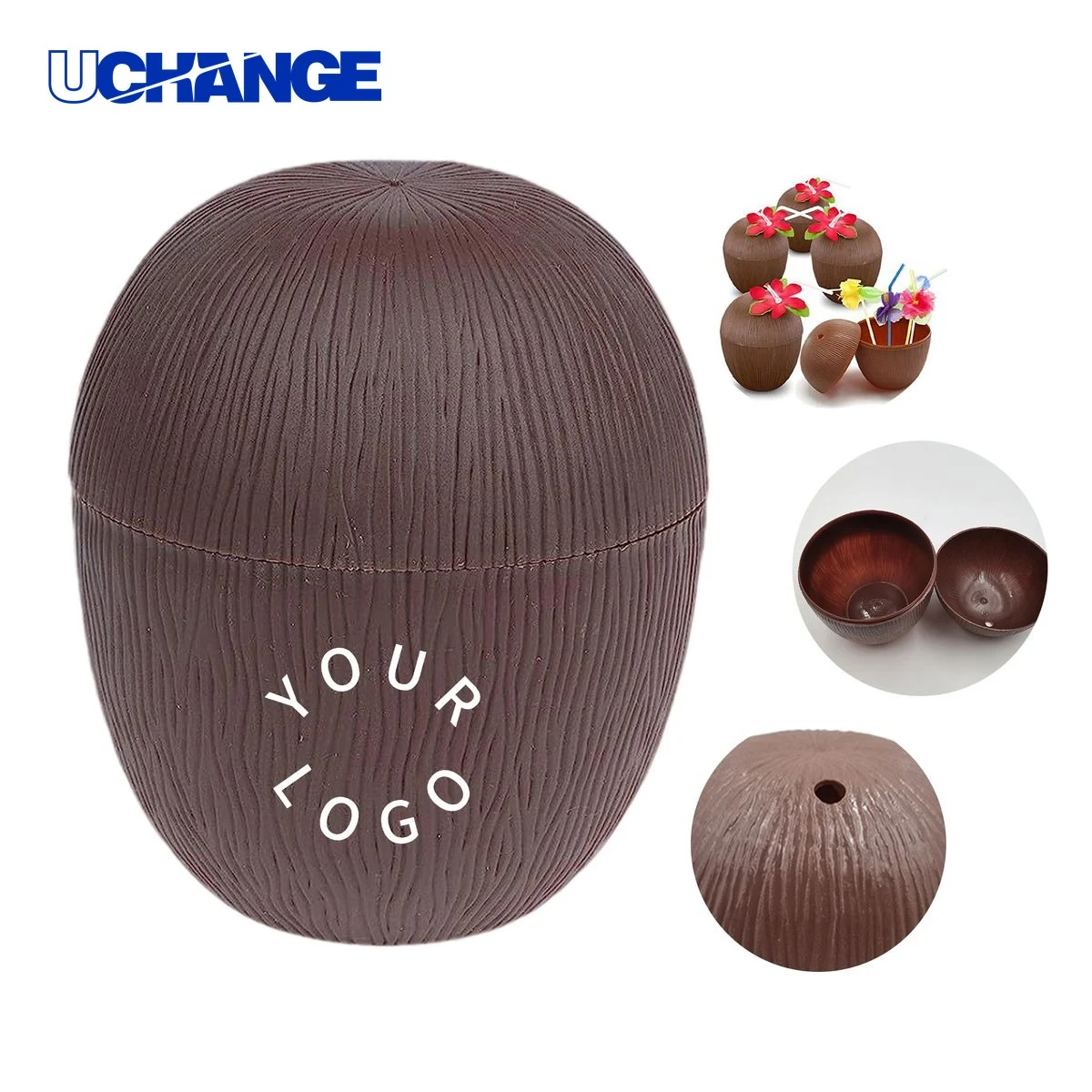 Coconut Cup Plastic 16 Oz with Decorative Flower Straw 1