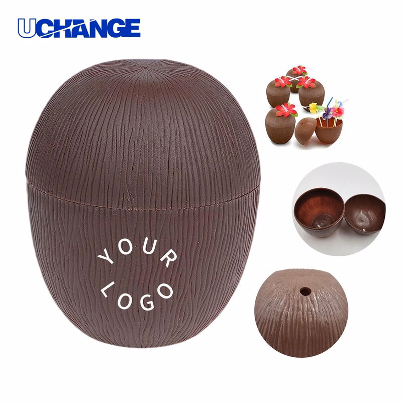 Coconut Cup Plastic 16 Oz with Decorative Flower Straw