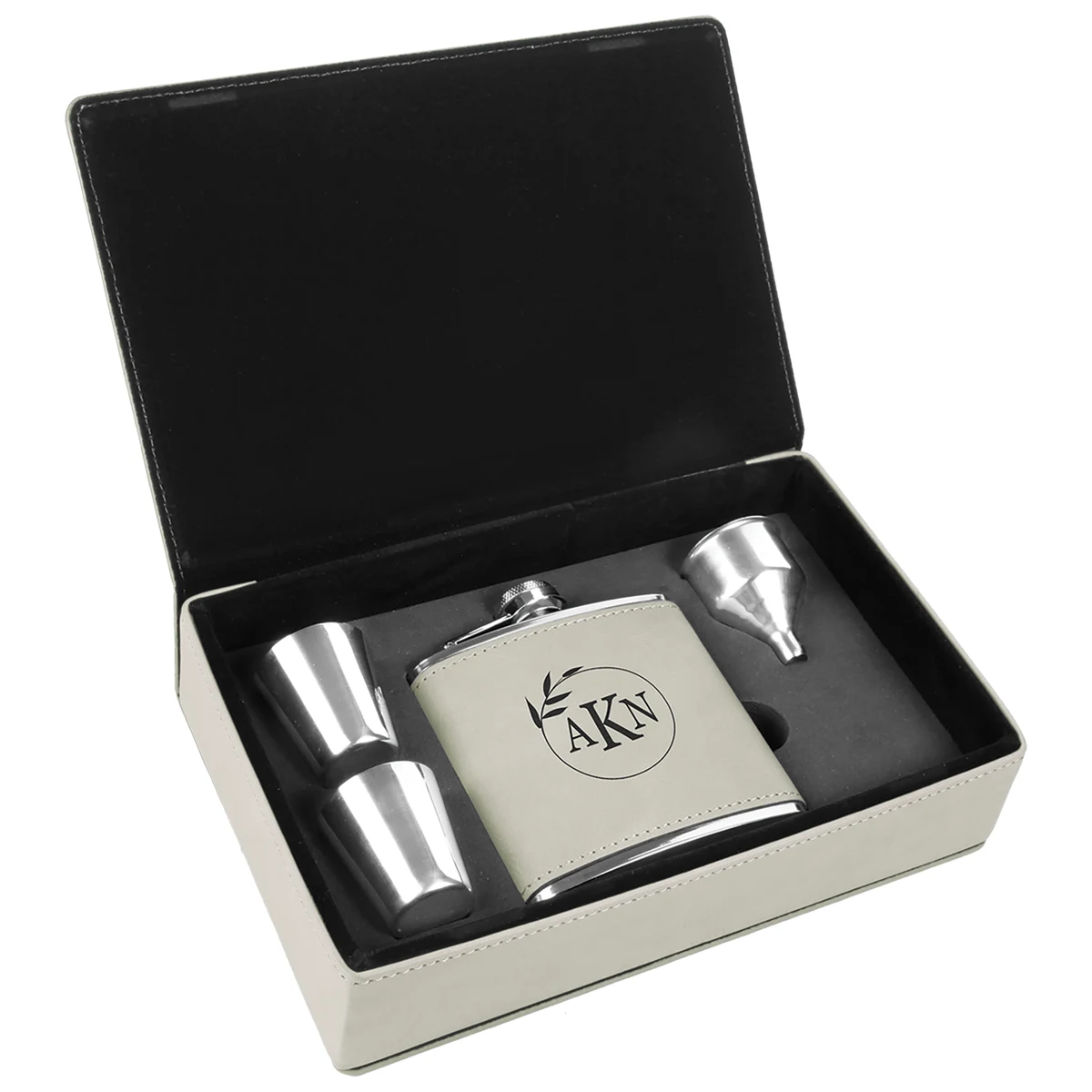 Stainless Steel White Leatherette Flask Gift Set 1