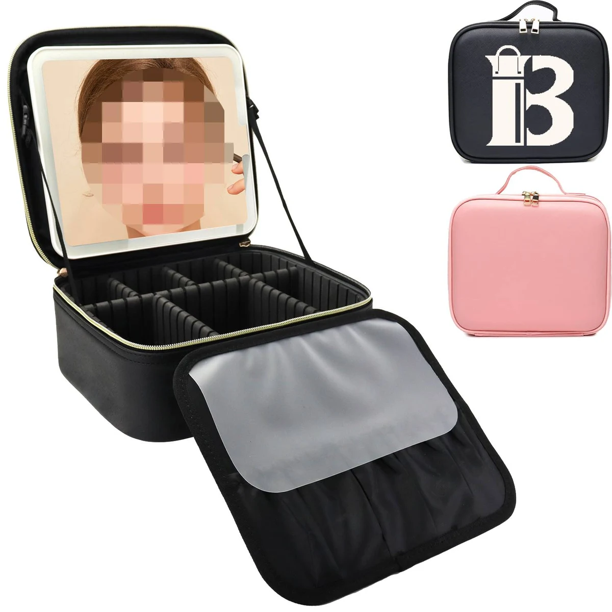 PU Leather Travel Cosmetic Bag w/ LED Mirror 1
