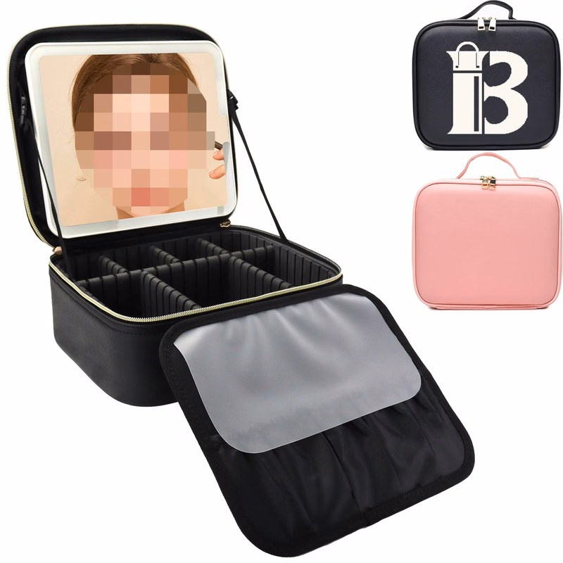 PU Leather Travel Cosmetic Bag w/ LED Mirror