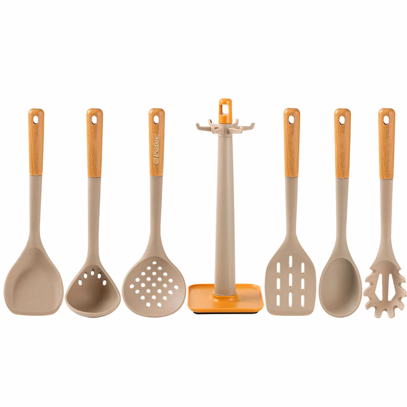 7Pcs Silicone Kitchen Utensils Set w/ Wooden Handle