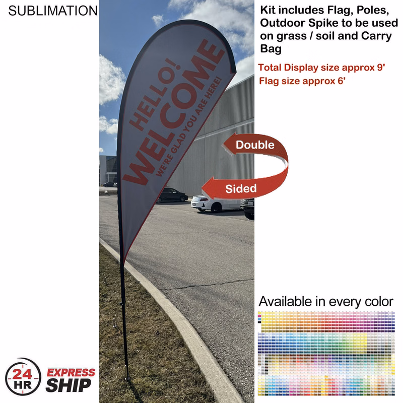 24Hr Express Ship - 9' Small Tear Drop Flag Kit, Full Color Graphics Double Sided, Spike and Bag