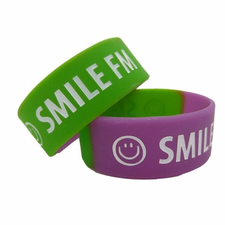 2 Color Segmented Wide Silicone Bracelets With Debossed Whitefilled Logo
