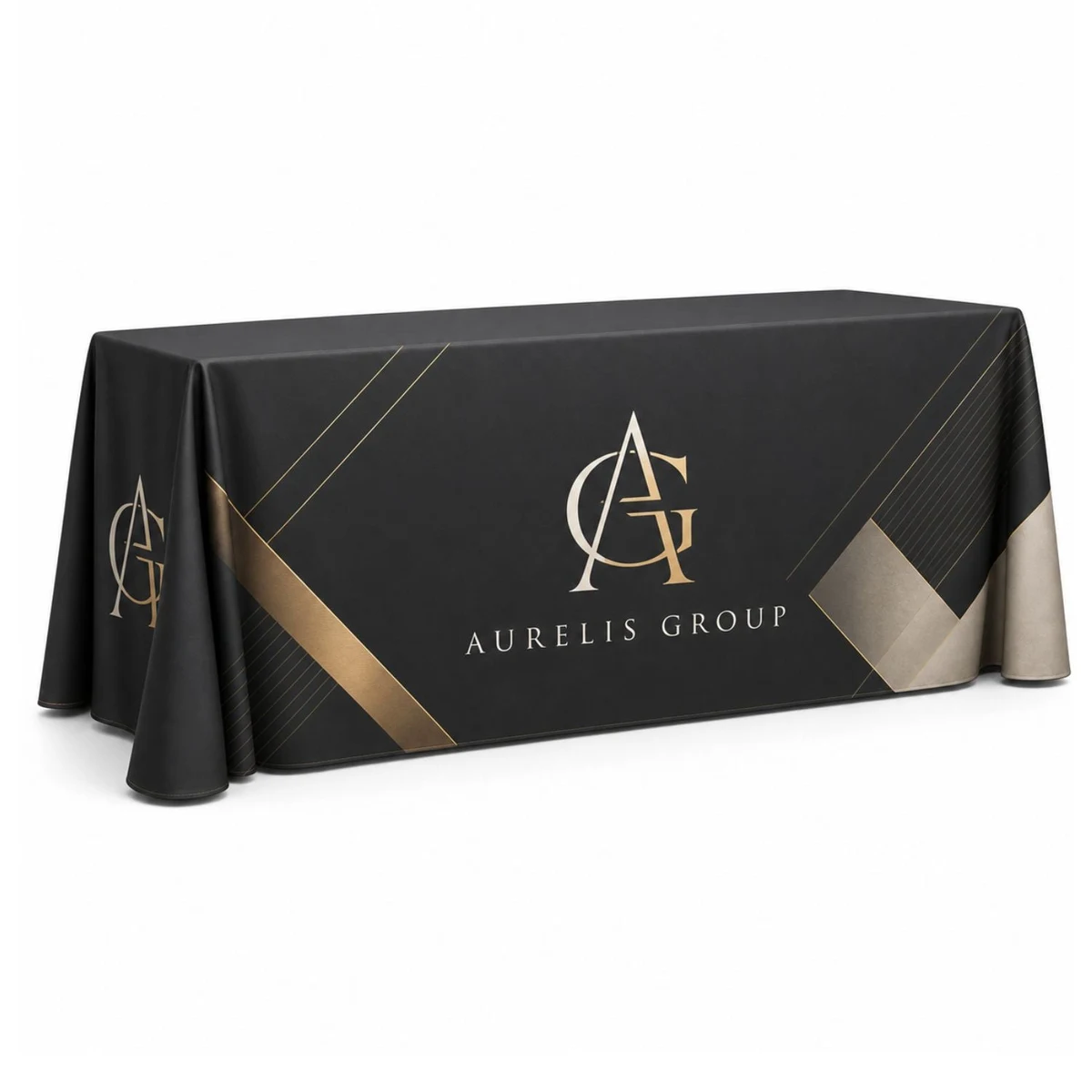 Sublimated PREMIUM Table Cloth for 8' Table, Drape Style, 3 sided, Open Back, Rounded corners 1