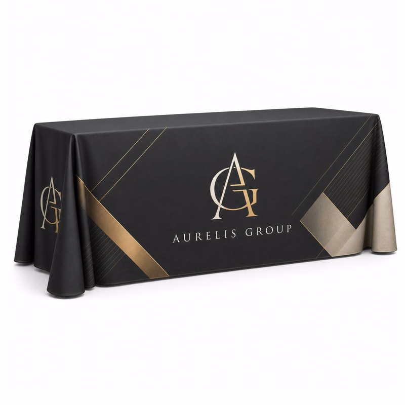 24Hr Express Ship - Sublimated PREMIUM Cloth for 8' Table, Drape Style, Open Back, Rounded corners