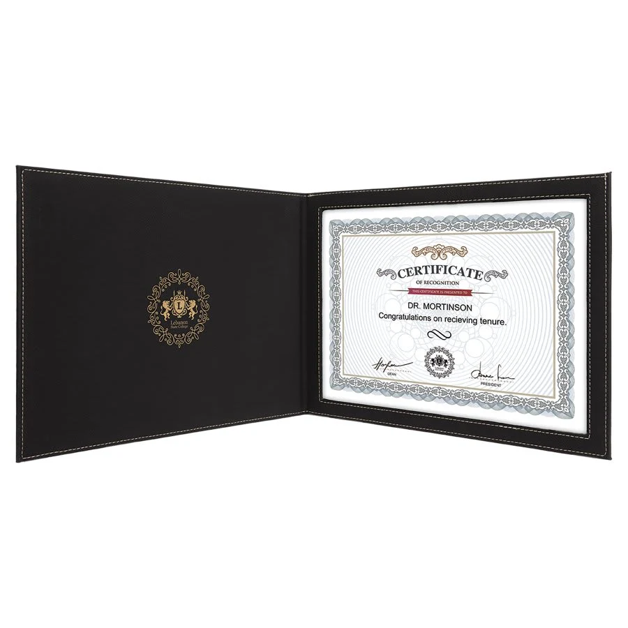 9" x 12" Black/Gold Leatherette Certificate Holder for 8 1/2" x 11" 1