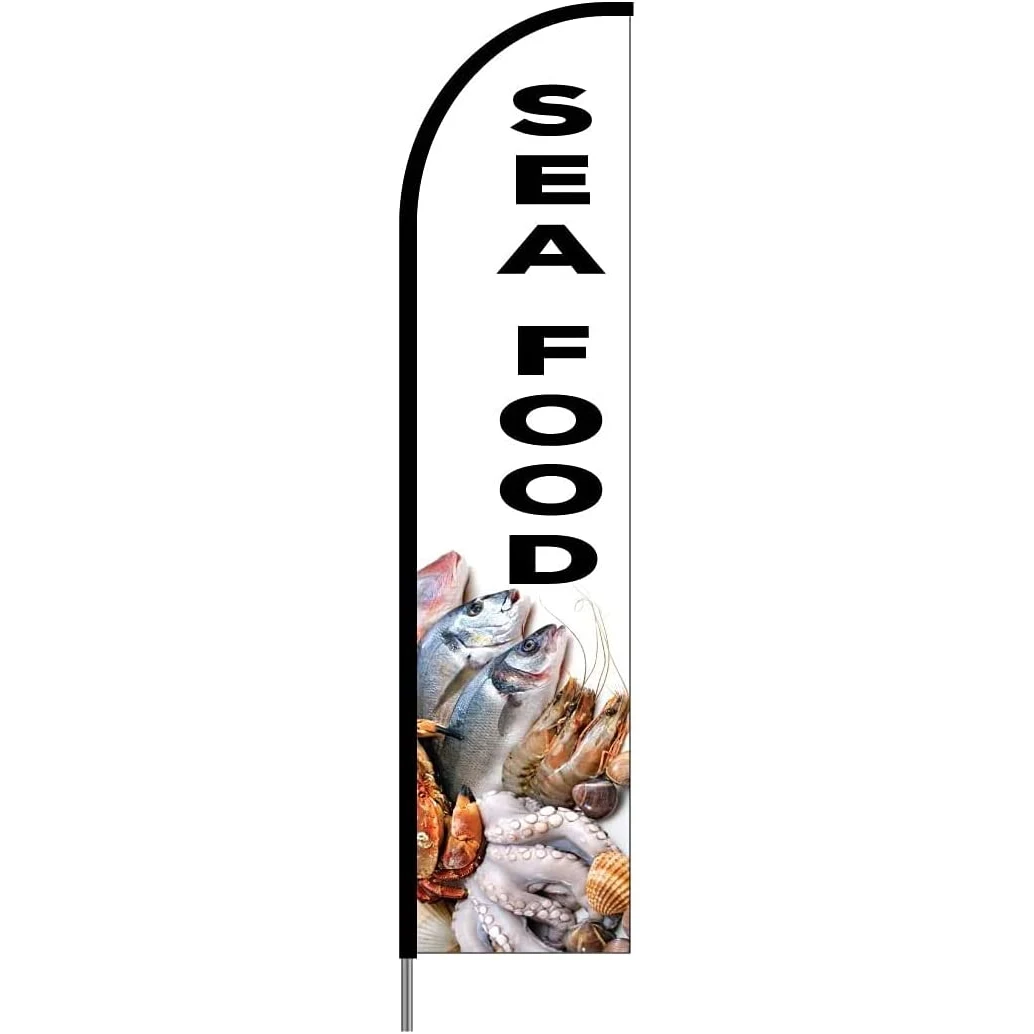 Seafood Sign Banner Swooper Feather Flag Pole Kit Outdoor Restaurant Advertising Display, 15ft 1