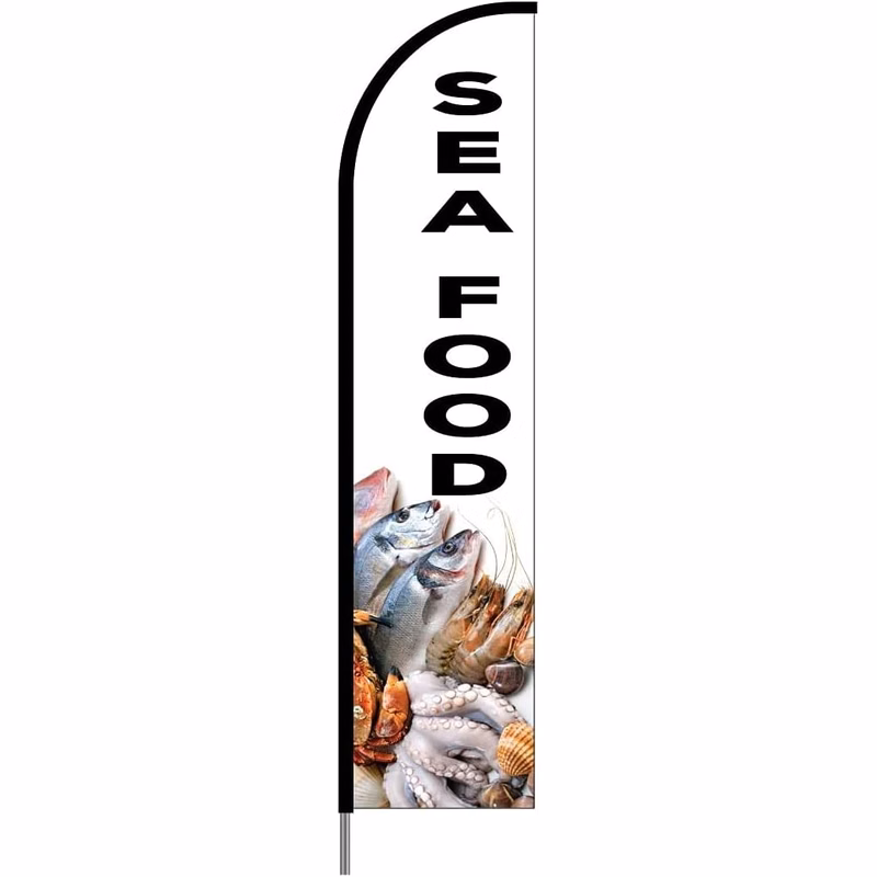 Seafood Sign Banner Swooper Feather Flag Pole Kit Outdoor Restaurant Advertising Display, 15ft