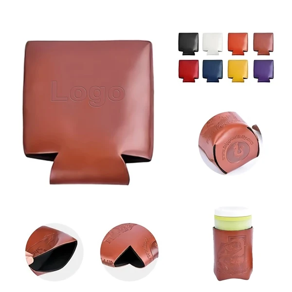 Custom Leather Beverage Can Cooler 3.75 x 5 Inch — Double-Wall Insulation Sleeve, custom koozie with logo imprint 1