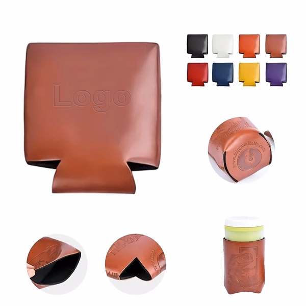 Custom Leather Beverage Can Cooler 3.75 x 5 Inch — Double-Wall Insulation Sleeve