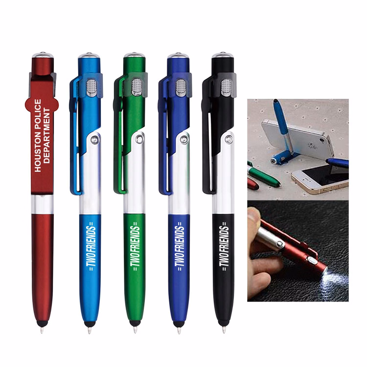 Stylus Twist Action 4-in-1 Plastic Phone Stand Pen W/ Side LED Light