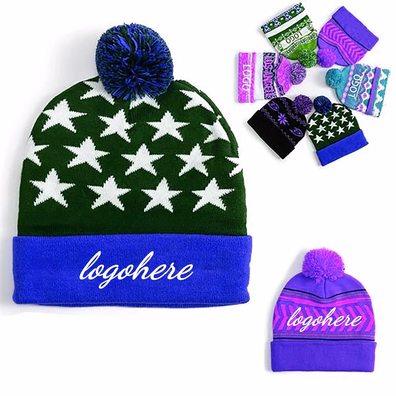 Winter Jacquard Knitted Beanie Hat With Pom