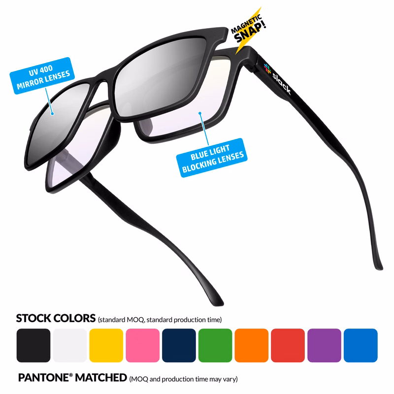 Blue Light Blocking Duo Eyeglass w/ Snap Mirrored Lens & Full Color Imprint