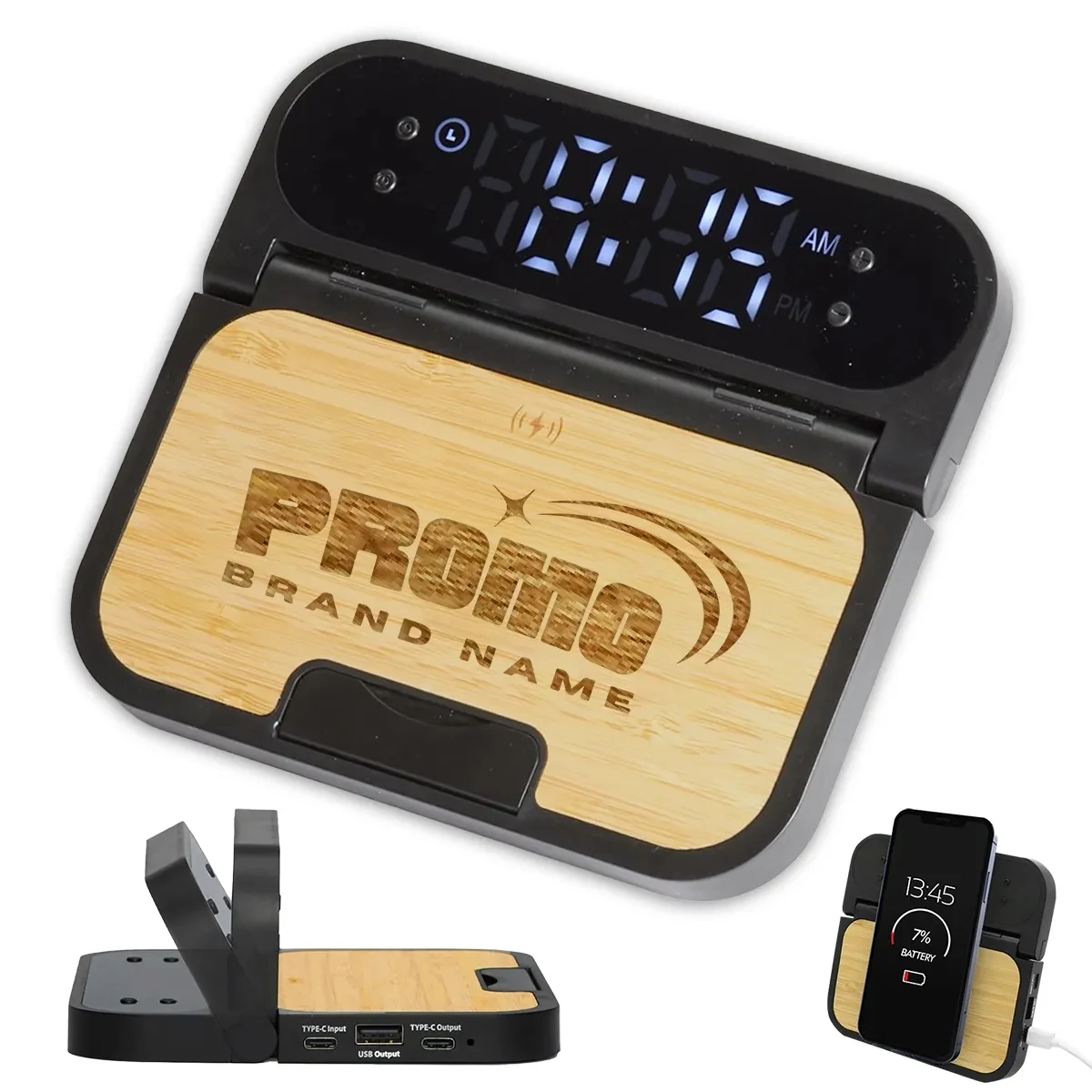 Bamboo 2-in-1 Wireless Charging Pad with Digital Clock 1