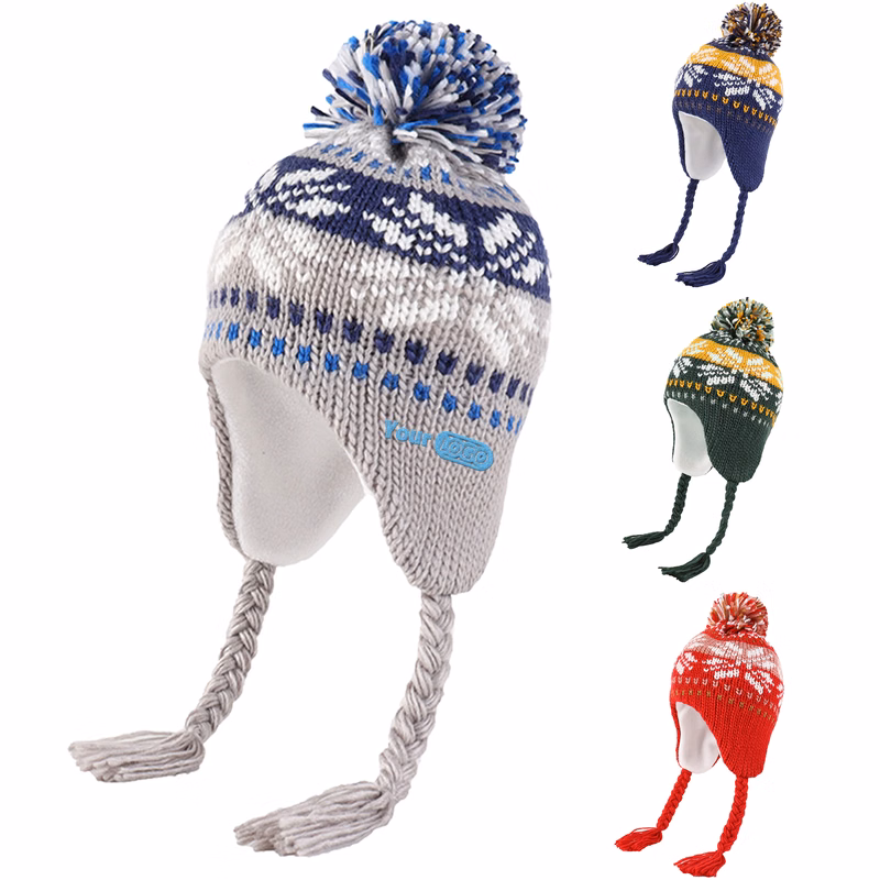 Acrylic Youthful And Fun Winter Knit Hat With Pom-Pom And Ear Flaps