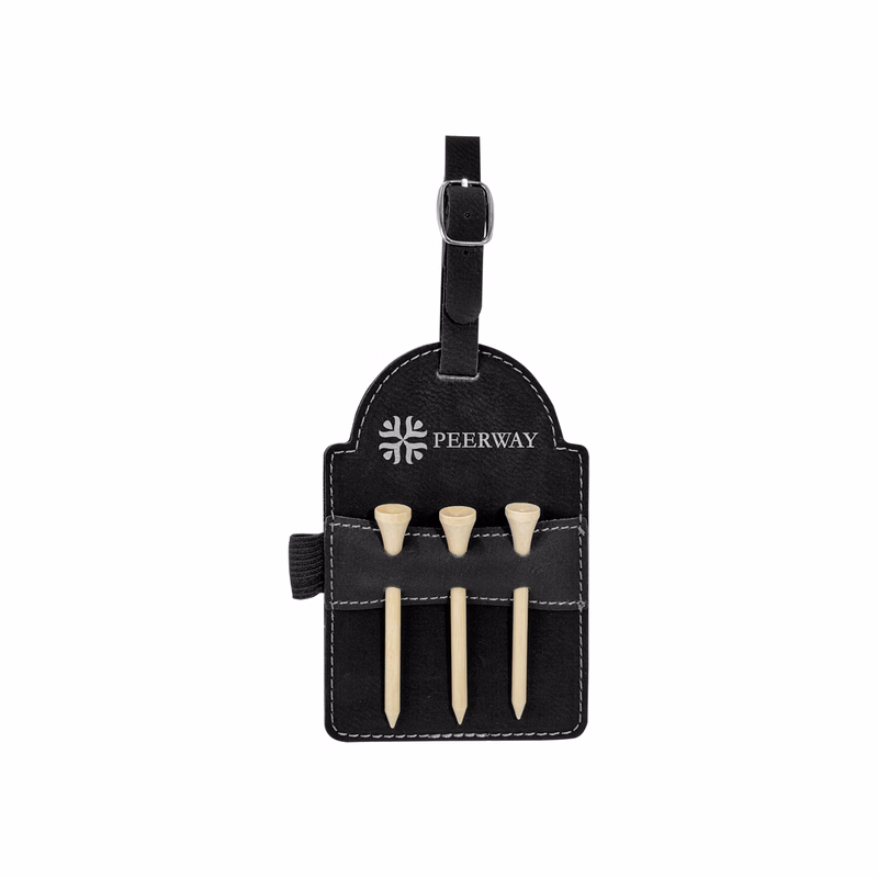 3" x 5" Black/Silver Leatherette Golf Bag Tag w/ 3 Wooden Tees