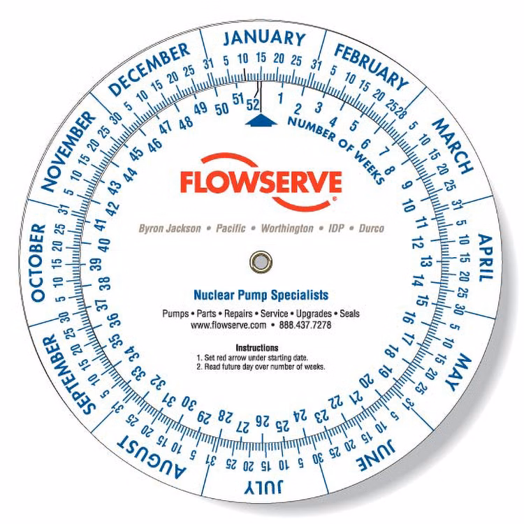 .020 White Plastic Date Finder Wheel Calculator (6" dia.), Spot Colours
