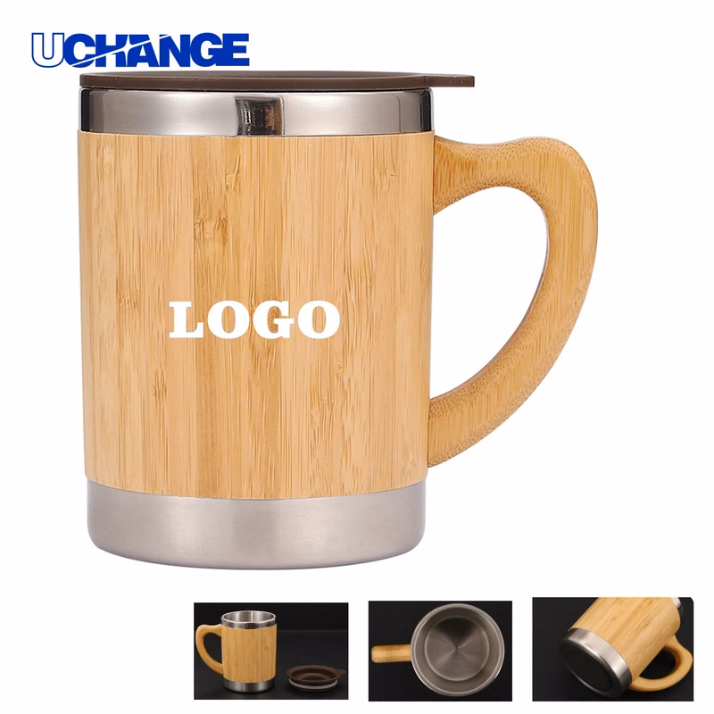 Stainless Steel & Bamboo Travel Mug Container with Handle and Lid for Travel (10 oz)