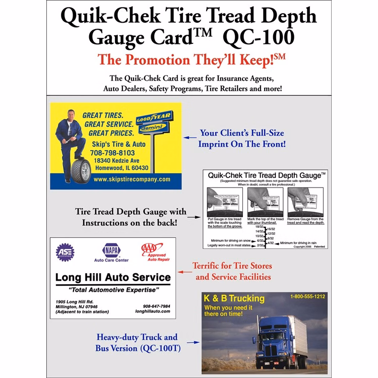 Quik-Chek (TM) Tire Tread Depth Gauge Card, Patented