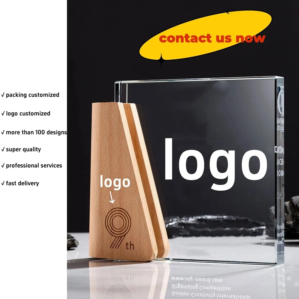 Engraved Custom Crystal Glass Trophy Award with Wooden Base 1