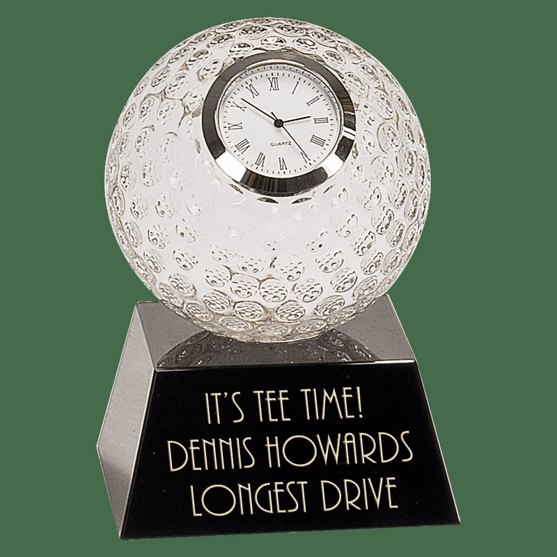 5" Clear Crystal Golf Ball Clock with Black Pedestal Base